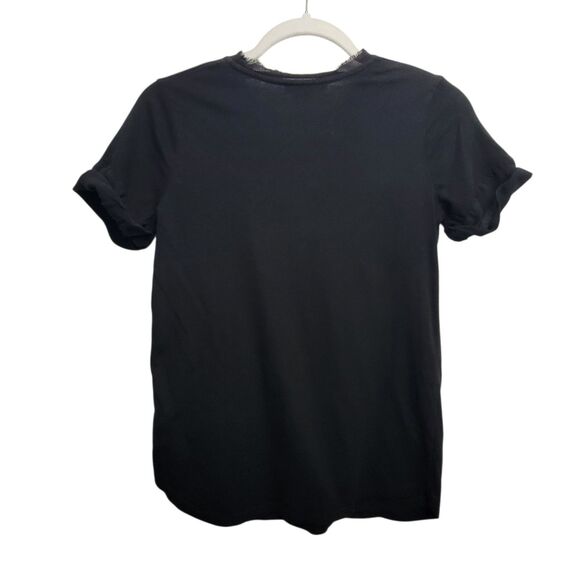 Vince Modern Black Raw Hem Neckline Mixed Material Cuffed Sleeve Tee XXS - Picture 2 of 7